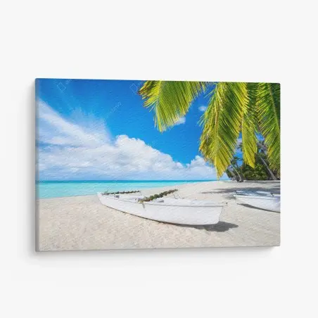 Quadro su tela paesaggio tropicale con barca sulla spiaggia • Wallissimo®