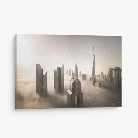 Quadro su tela città tra le nuvole: skyline di Dubai invernale • Wallissimo®