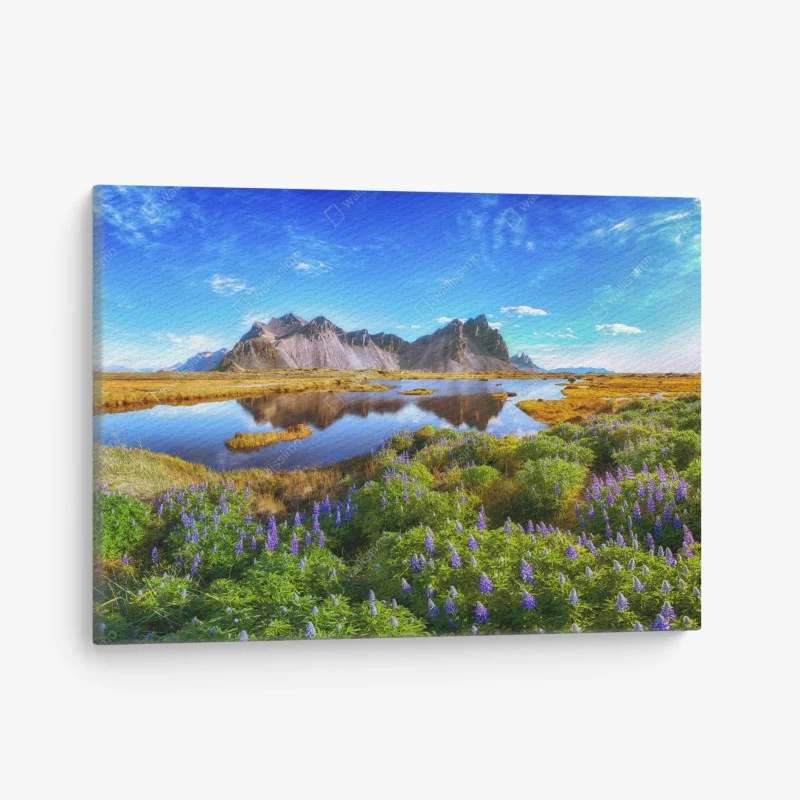 Quadro su tela panorama di Vestrahorn a Stokksnes con lupine