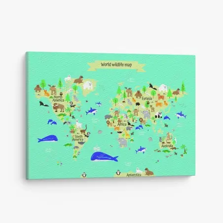 Quadro su tela mappa illustrata della fauna mondiale colorata • Wallissimo®