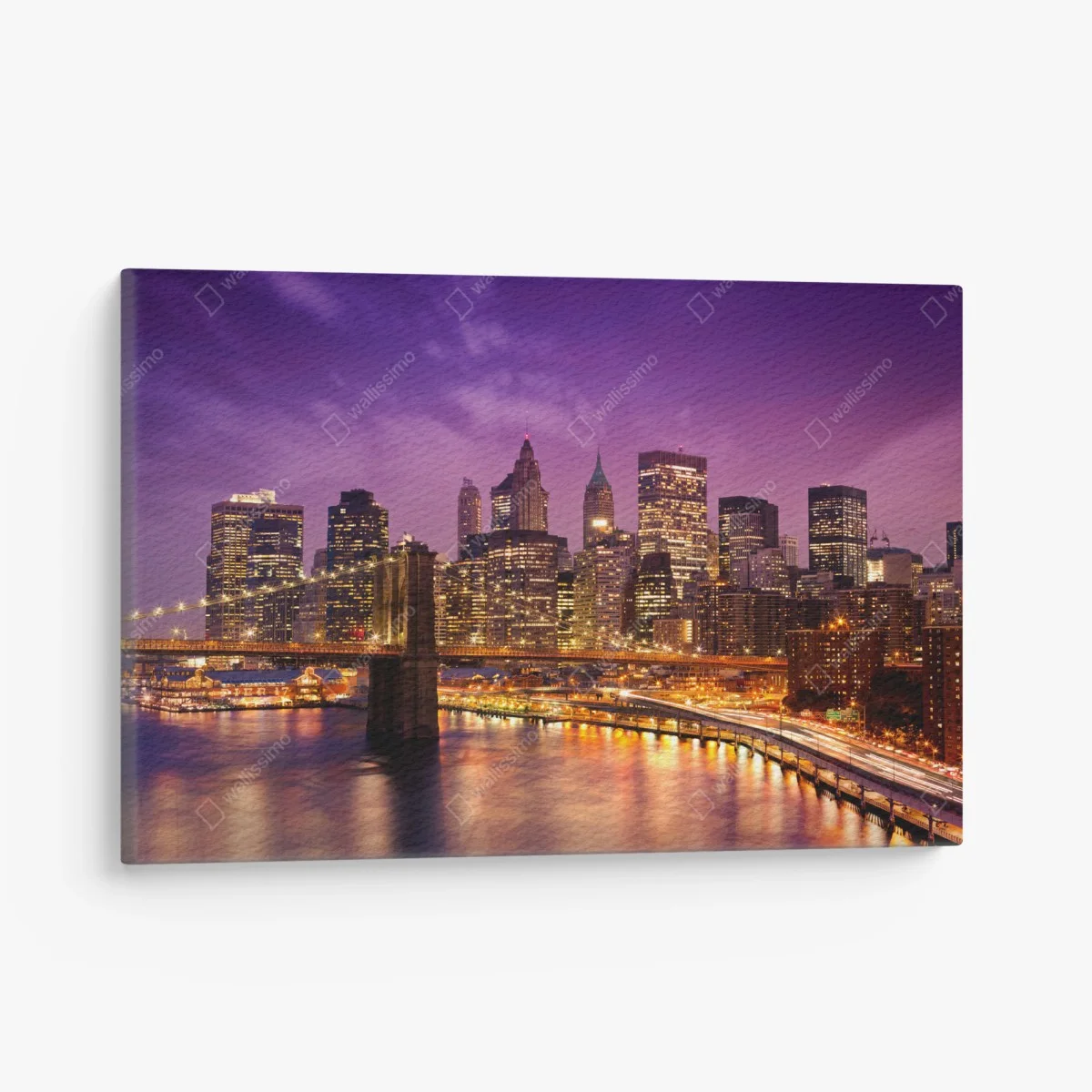 Quadro su tela tramonto viola su New York: skyline e ponte illuminato • Wallissimo® Quadro su tela tramonto viola su New York: skyline e ponte illuminato • Wallissimo®
