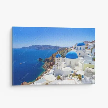 Quadro su tela panorama delle cupole blu a Santorini • Wallissimo®