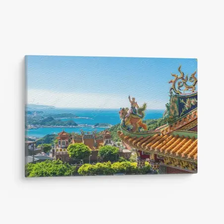 Quadro su tela vista panoramica del tempio di Jiufen sul mare • Wallissimo®