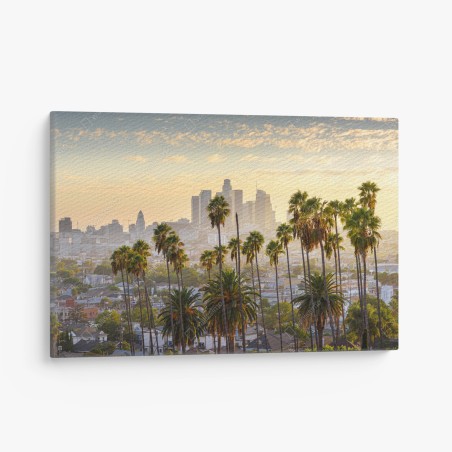Quadro su tela tramonto su Los Angeles tra palme e grattacieli • Wallissimo®