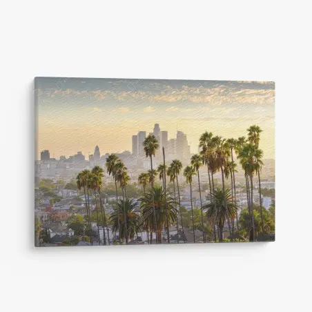 Quadro su tela tramonto su Los Angeles tra palme e grattacieli • Wallissimo®