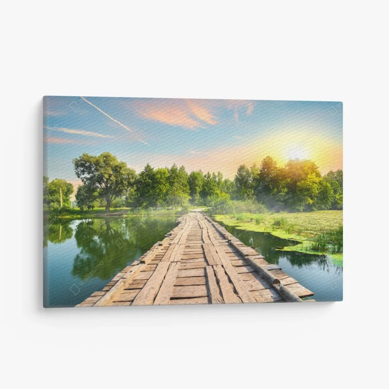 Quadro su tela ponte di legno sul lago al tramonto