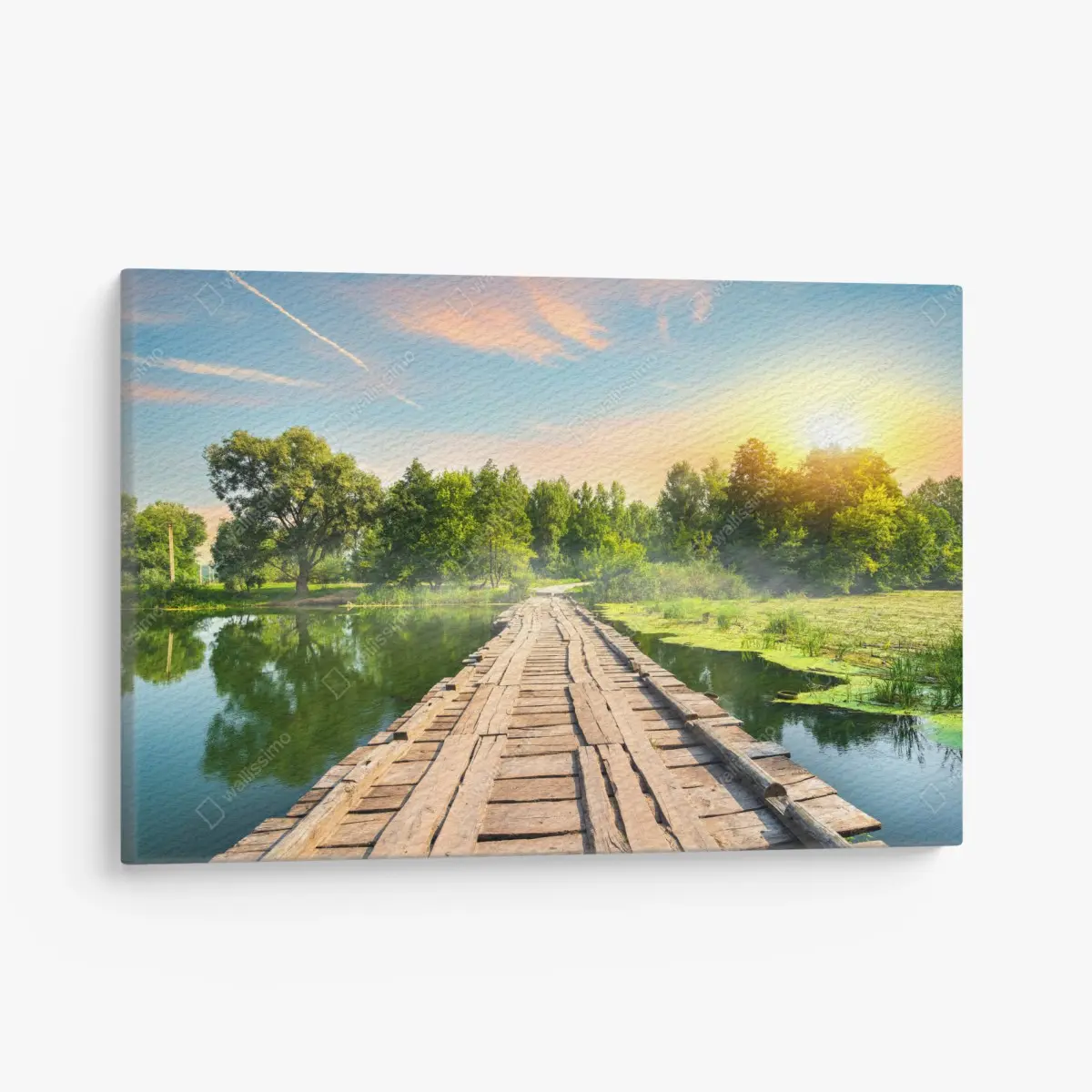 Quadro su tela ponte di legno sul lago al tramonto • Wallissimo®