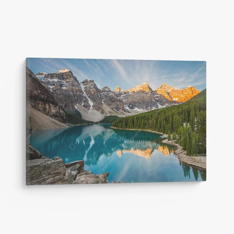 Quadro su tela alba sulle montagne: lago turchese e riflessi