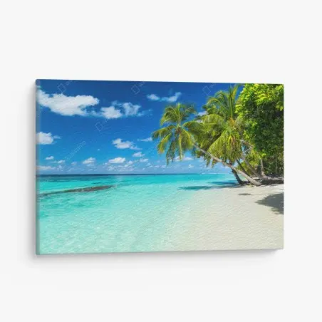 Quadro su tela paradiso tropicale: spiaggia di palme e mare turchese • Wallissimo®