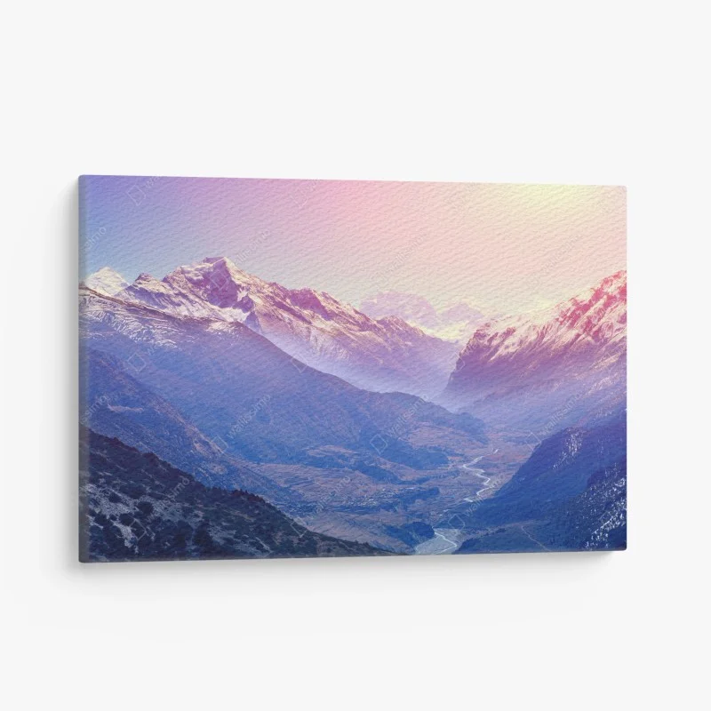 Quadro su tela valle montana al tramonto rosa