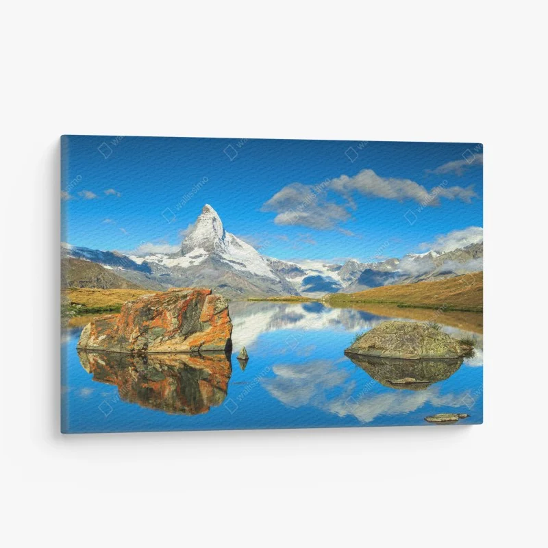Quadro su tela riflessi del Cervino sul lago alpino