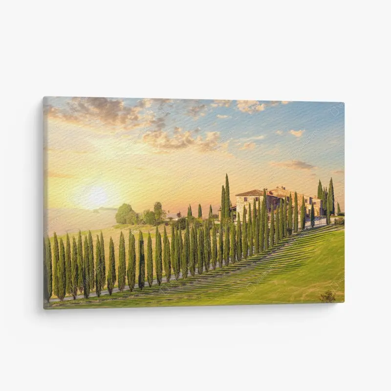 Quadro su tela tramonto in Toscana: viale di cipressi e villa sulle colline