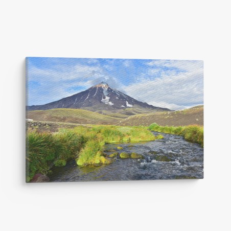 Quadro su tela panorama del vulcano Koryaksky con torrente cristallino • Wallissimo®