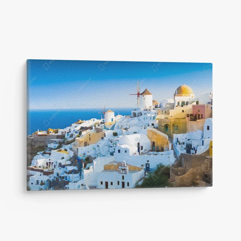 Quadro su tela panorama di Santorini con mulini a vento