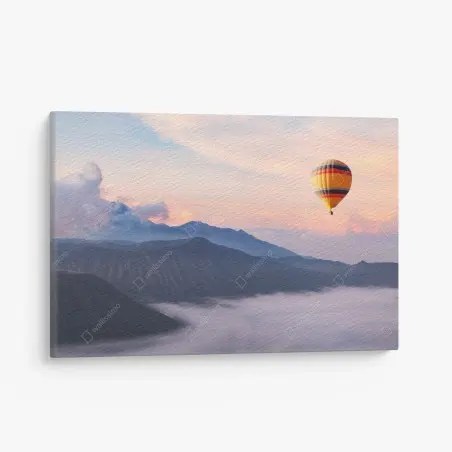 Quadro su tela mongolfiera sopra le montagne all'alba • Wallissimo®