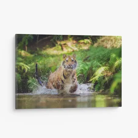 Quadro su tela tigre maestosa che attraversa l'acqua nella foresta • Wallissimo®