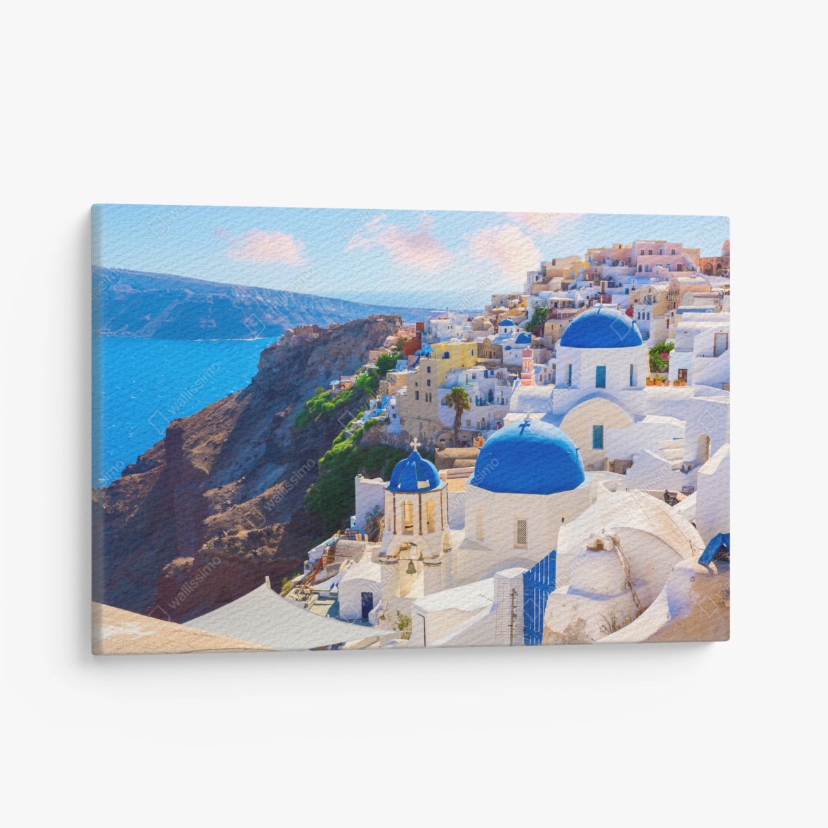 Quadro su tela panoramica di Santorini con cupole blu • Wallissimo®