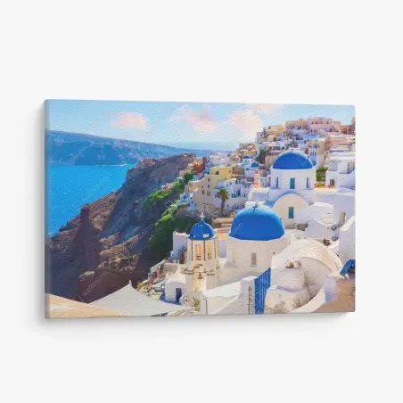 Quadro su tela panoramica di Santorini con cupole blu • Wallissimo®
