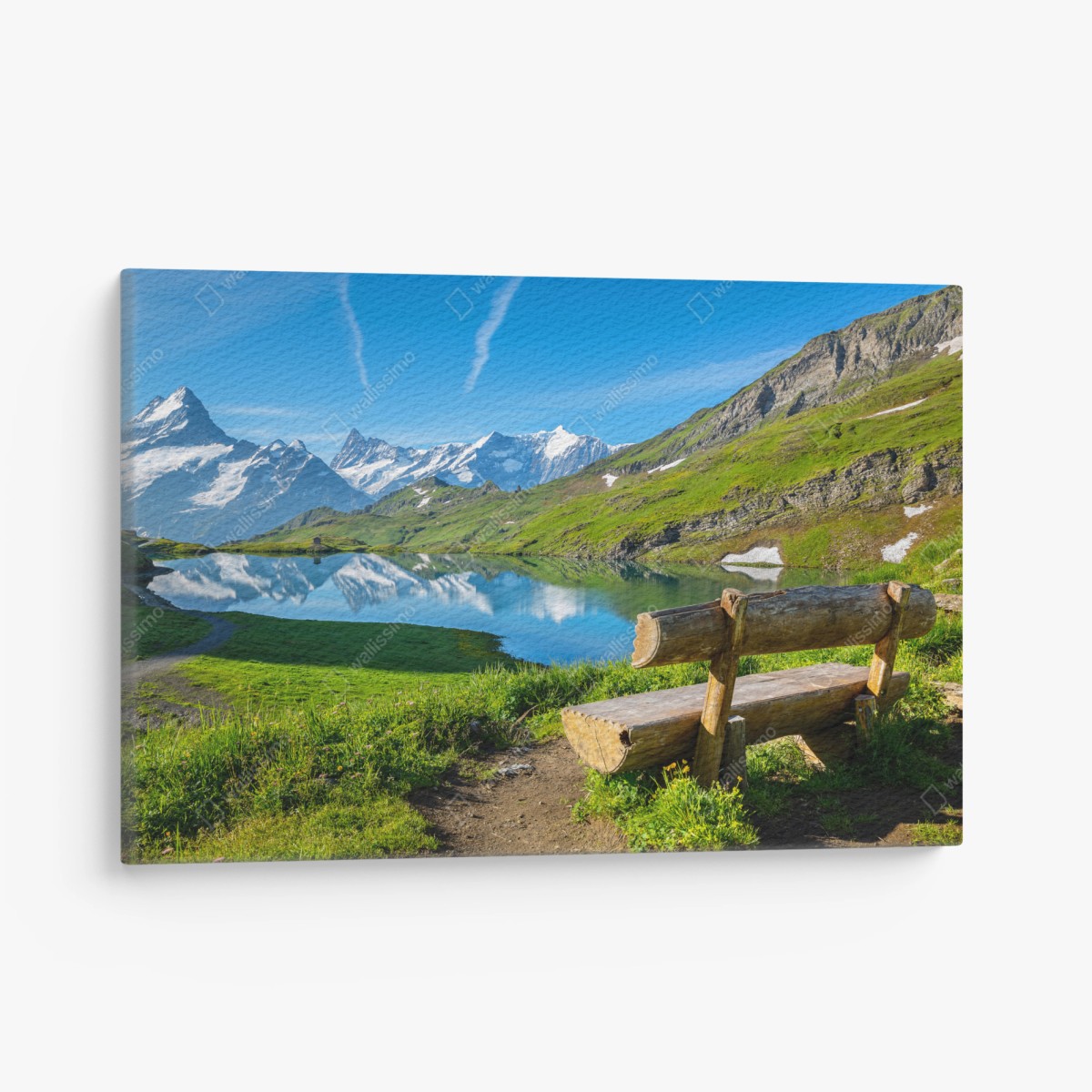 Quadro su tela panchina sul lago alpino • Wallissimo®