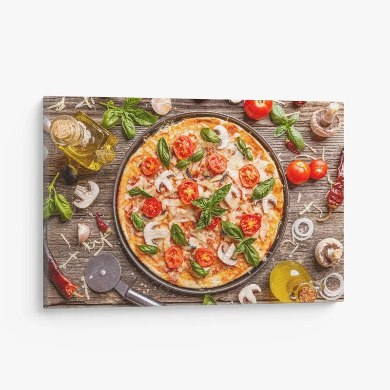 Quadro su tela pizza rustica con basilico e pomodori