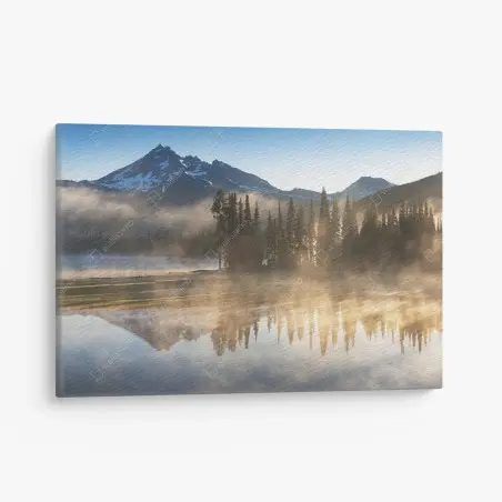 Quadro su tela mattino nebbioso sul lago con riflessi alpini • Wallissimo®