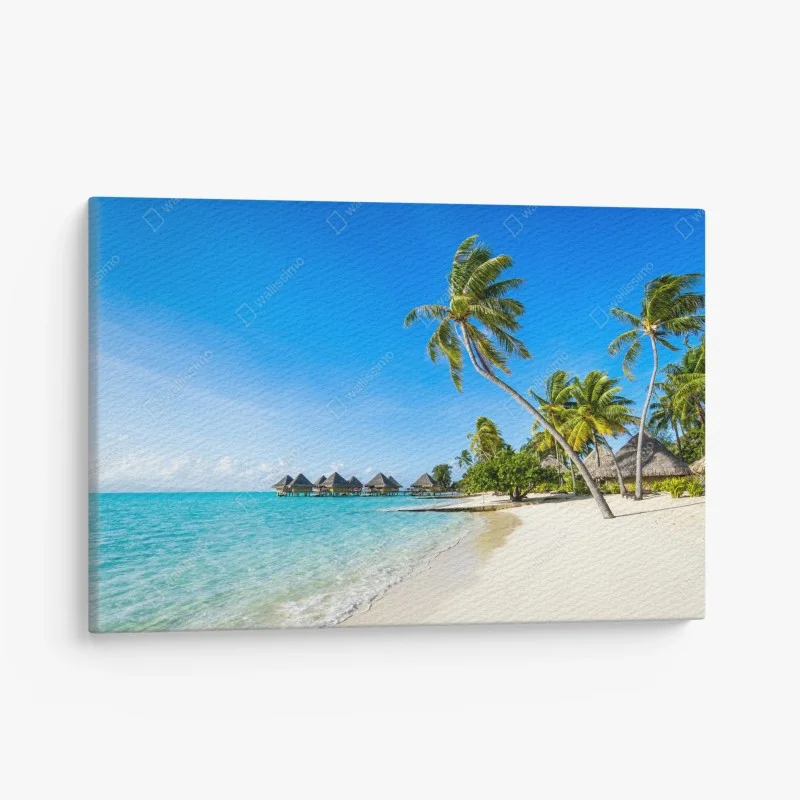Quadro su tela paradiso tropicale con palme e bungalow