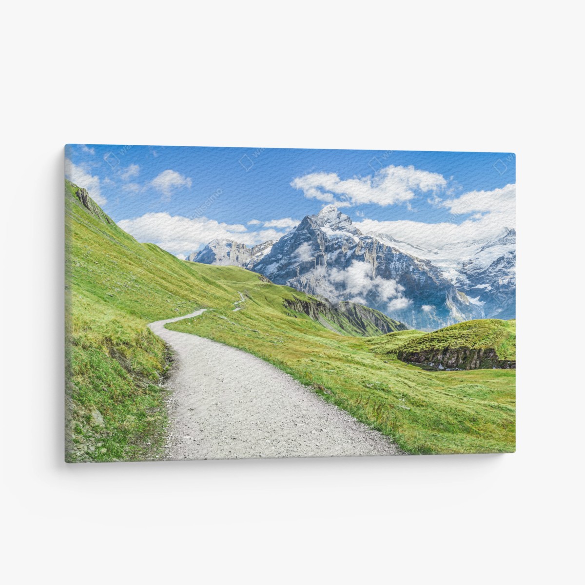 Quadro su tela sentiero alpino verso vette innevate • Wallissimo®