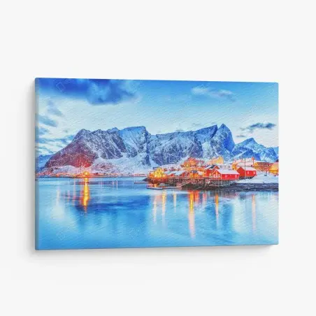 Quadro su tela villaggio di case rosse sul fiordo innevato • Wallissimo®