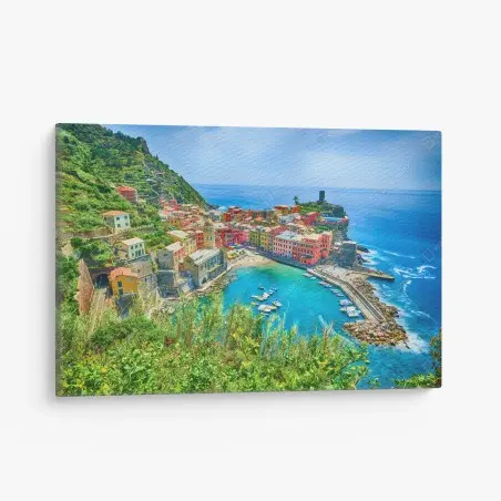 Quadro su tela panorama costiero di Vernazza: porto colorato sul mare • Wallissimo®