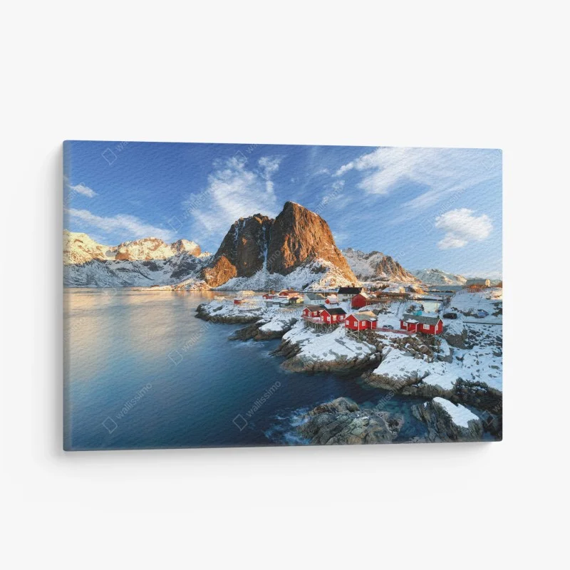 Quadro su tela tramonto a Hamnøy, Lofoten: villaggio rosso sul mare