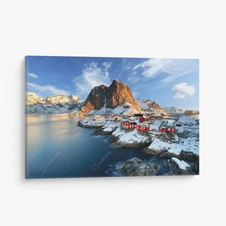 Quadro su tela tramonto a Hamnøy, Lofoten: villaggio rosso sul mare • Wallissimo®
