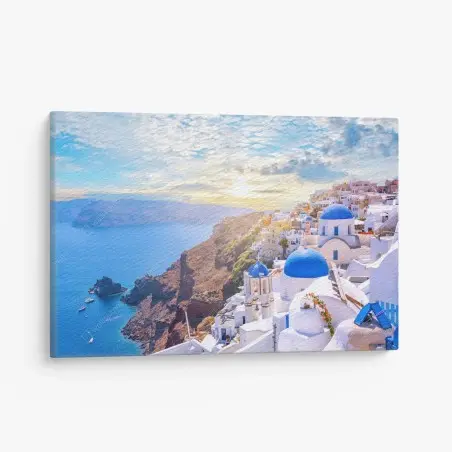 Quadro su tela scorcio di Oia, Santorini con cupole blu • Wallissimo®