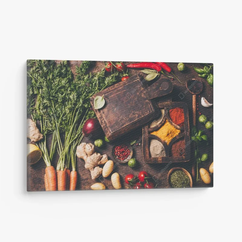Quadro su tela composizione rustica di spezie e verdure fresche