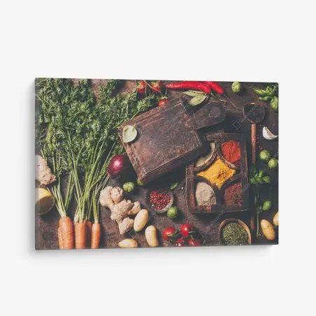 Quadro su tela composizione rustica di spezie e verdure fresche • Wallissimo®