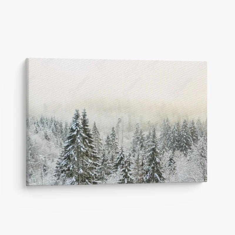 Quadro su tela foresta innevata nella nebbia