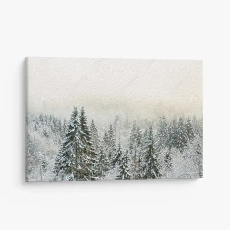 Quadro su tela foresta innevata nella nebbia • Wallissimo®
