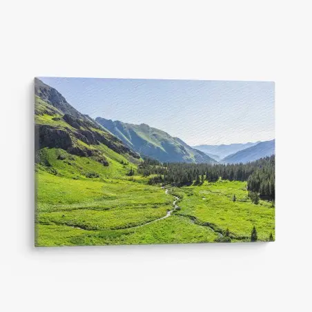 Quadro su tela valle verde con torrente e boschi • Wallissimo®