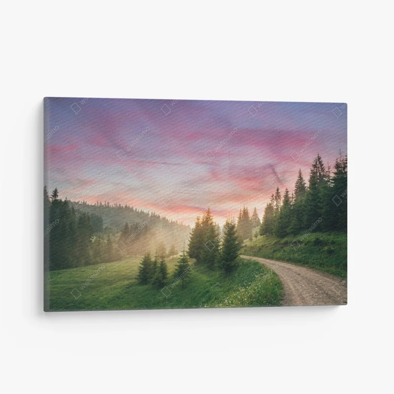 Quadro su tela tramonto rosa nella foresta: sentiero tra le colline