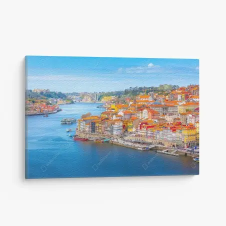 Quadro su tela panorama colorato di Porto sul fiume • Wallissimo®