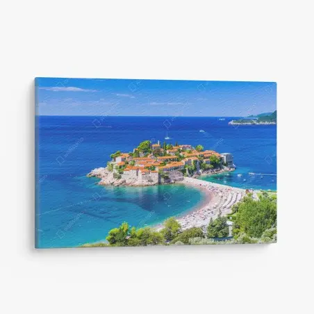 Quadro su tela panorama costiero di Sveti Stefan, Montenegro • Wallissimo®