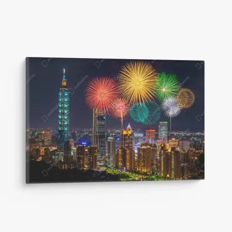 Quadro su tela notte di fuochi d'artificio su Taipei • Wallissimo®