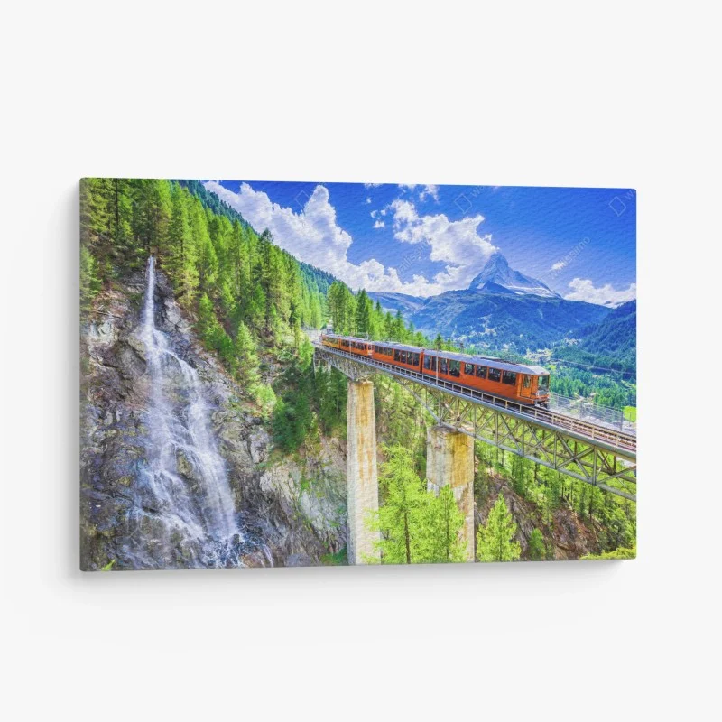 Quadro su tela panorama alpino con il treno di Gornergrat e il Cervino