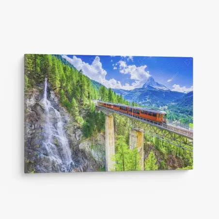 Quadro su tela panorama alpino con il treno di Gornergrat e il Cervino • Wallissimo®