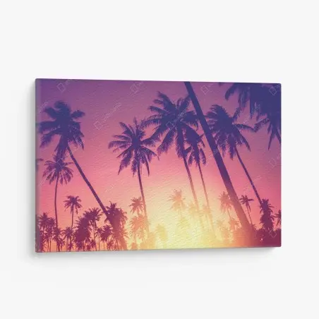 Quadro su tela tramonto tropicale tra palme ondeggianti • Wallissimo®