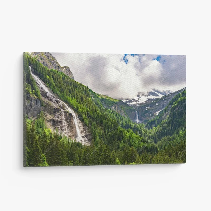 Quadro su tela paesaggio montano con cascate e foresta