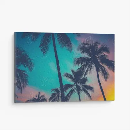 Quadro su tela tramonto retrò con palme alle Hawaii • Wallissimo®