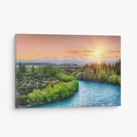 Quadro su tela tramonto sul fiume Clutha con le Alpi Meridionali all'orizzonte • Wallissimo®