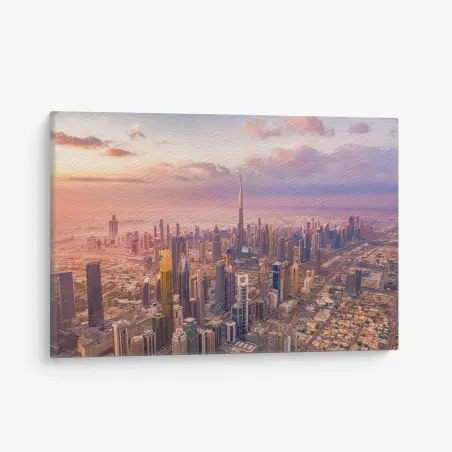 Quadro su tela tramonto sullo skyline di Dubai con il Burj Khalifa • Wallissimo®