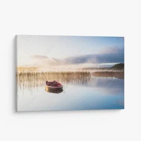 Quadro su tela barca rossa sul lago all'alba • Wallissimo®