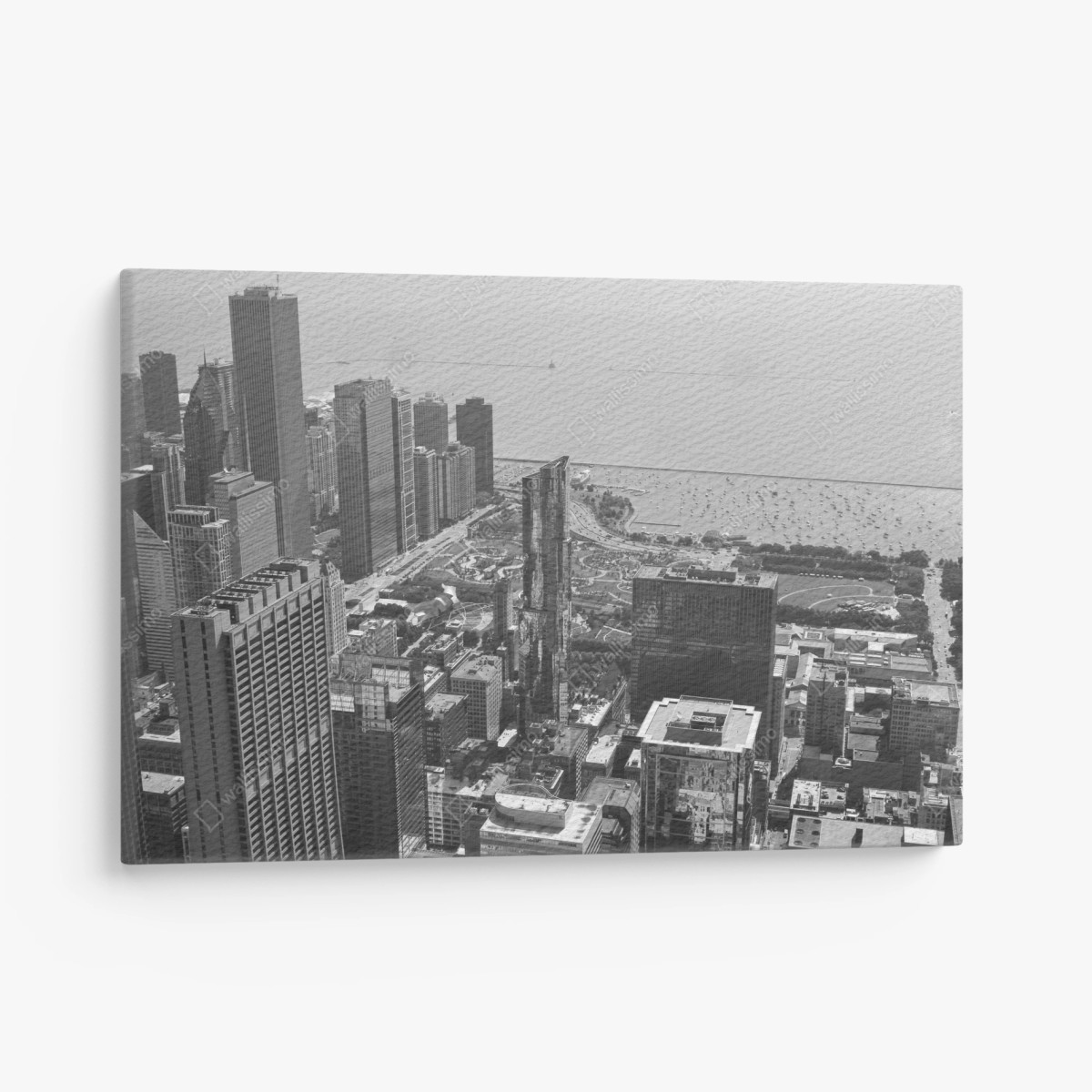 Quadro su tela panorama urbano in bianco e nero con skyline e lago • Wallissimo®